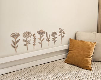 Decoración para habitación infantil de niña: conjunto de flores silvestres de madera, arte floral para pared, detalle decorativo para habitación de bebé, estilo bohemio, espacio infantil botánico, flores de madera natural.