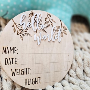 Plaque personnalisée d'hôpital pour bébé | Panneau bébé en bois Hello World | Plaque nouveau-né indiquant le sexe | Stat de naissance et carte d'étape | Accessoire souvenir