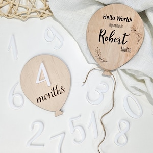 Cartes d'étape mensuelles pour bébé | Enseigne ballon en bois | Cadeaux bébé personnalisés | Plaque Bonjour le monde | Cadeaux pour maman enceinte