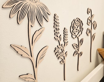Baby Shower Gift – Boho Wooden Wildflower Wall Decor Set, Floral Nursery Decor, Baby Girl Room Accent, Botanical Wood Flowers, Natural Style