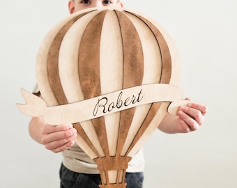Personalized Baby Decor | Wooden Hot Air Balloon Wall Art | Custom Nursery Name Sign