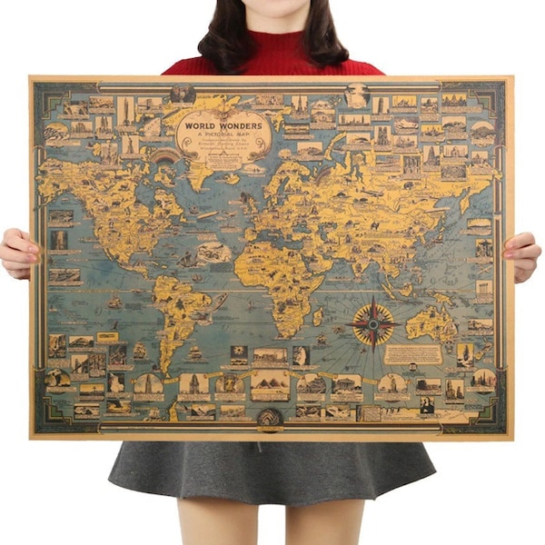 World Wonders Map Vintage Retro Kraft Paper Poster