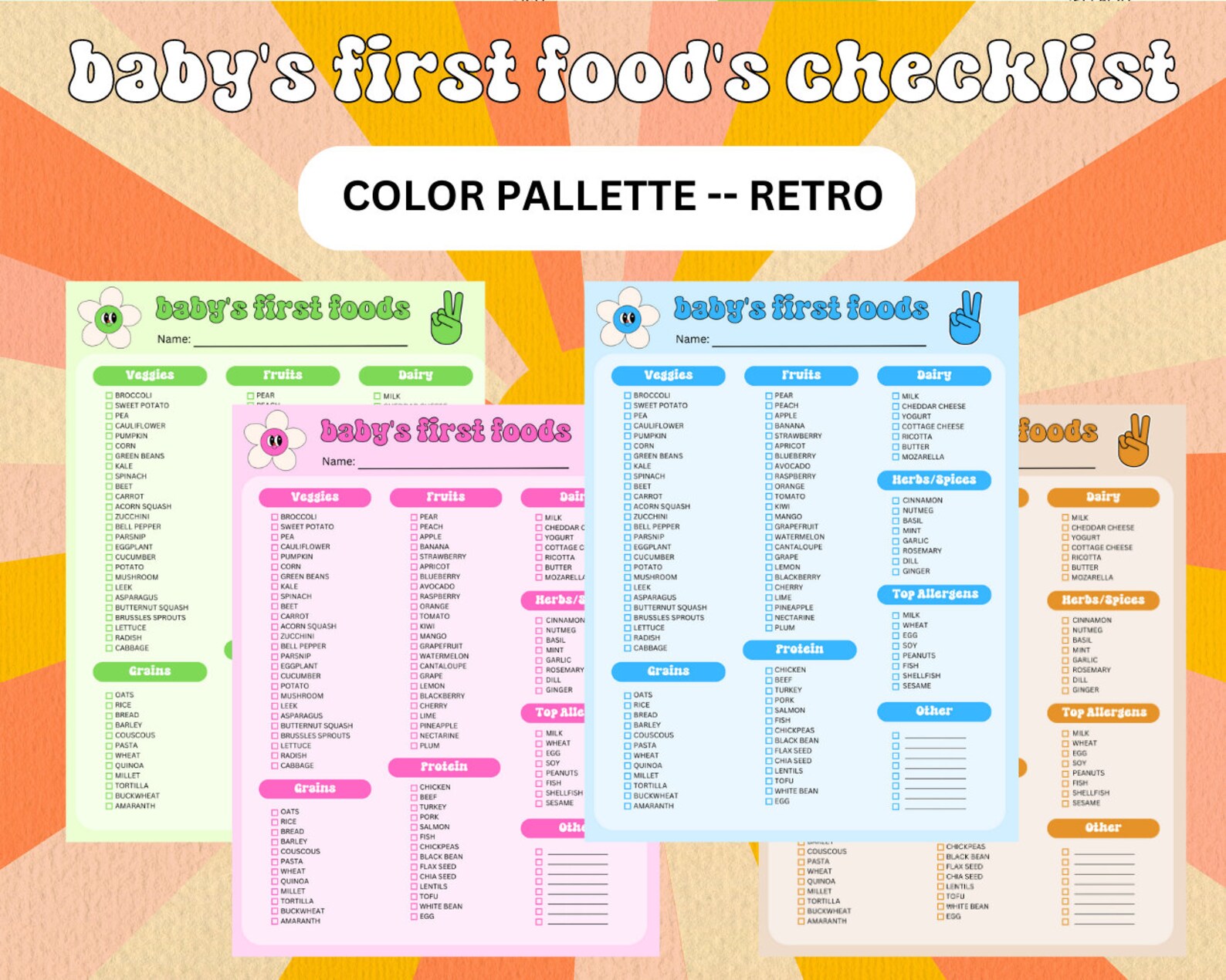 Baby's First Foods Checklist-retro, Baby Solid Food Log, Baby's First