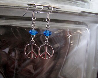 Funky and Fun! Silver And Electric Blue Peace Earring Pair - Item Number 5429