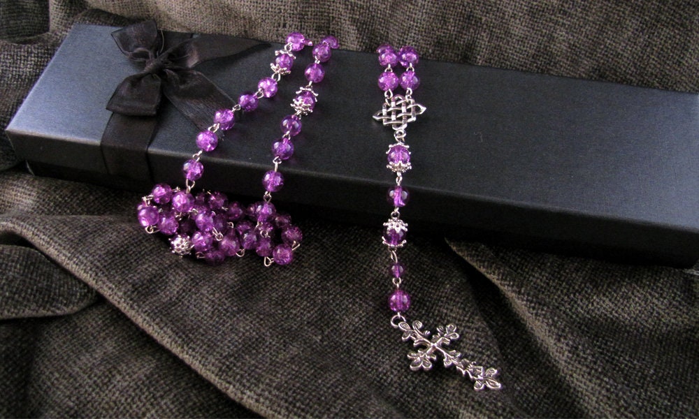 Purple and silver rosary style beaded necklace - Item Number 6016