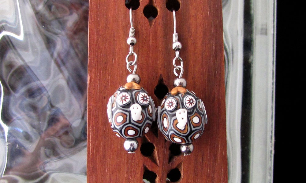 Polymer Clay Owl Earrings: Brown, Black, and White Beaded Dangles - Item Number 5505