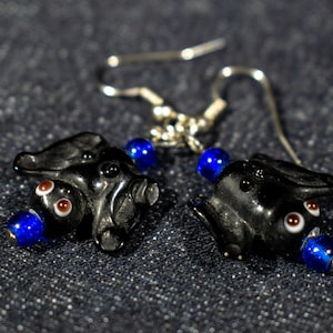 Black hand blown glass hanging bat earrings with blue crackle glass beads Earring Set - Item Number 5464