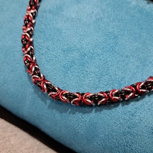 Red, Pink, and Black Chainmaille Bracelet in the Byzantine Chain Style - Item Number 3105
