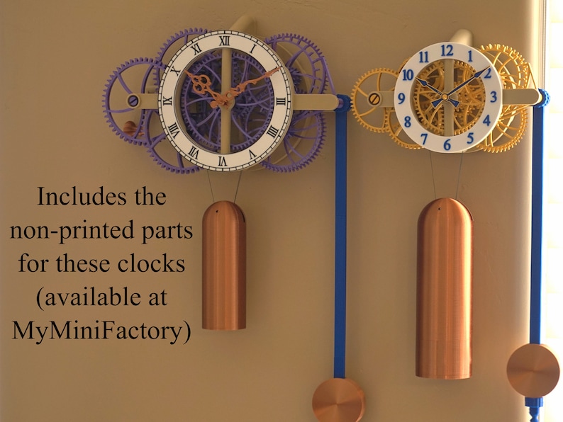 May include: Two intricate clock mechanisms with gears and pendulums. The clock faces are white with Roman numerals and blue hands. The clock on the left has purple gears and the clock on the right has gold gears. The text "Includes the non-printed parts for these clocks (available at MyMiniFactory)" is visible below the clocks.