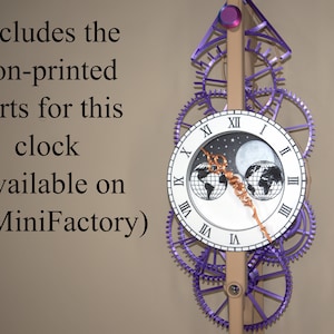 May include: A white clock face with Roman numerals and a design of the Earth and Moon. The clock is surrounded by purple gears and is attached to a beige stand. The text "Includes the non-printed parts for this clock (available on MyMiniFactory)" is visible in the image.