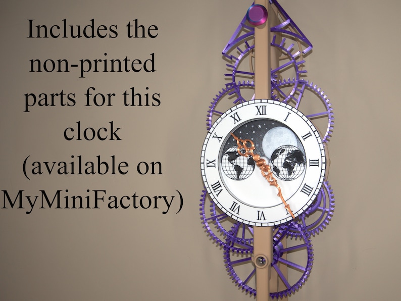 May include: A white clock face with Roman numerals and a design of the Earth and Moon. The clock is surrounded by purple gears and is attached to a beige stand. The text "Includes the non-printed parts for this clock (available on MyMiniFactory)" is visible in the image.