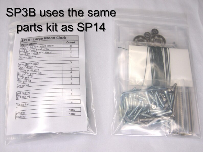May include: A parts list for a large moon clock kit, with a description of each part and the quantity included. The parts are organized in a table with the part name and count. The parts include screws, dowel pins, music wire, drill bits, a pen spring, bearings, and fishing line.