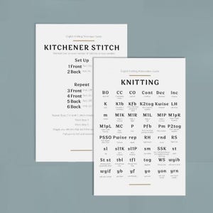 May include: Two white informational cards with black text. One card is titled Kitchener Stitch and details a six-step knitting process. The second card is titled Knitting and provides a comprehensive list of common English knitting abbreviations.