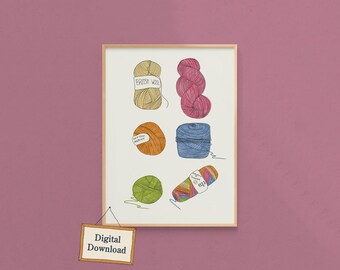 Colours of Summer Illustrated Yarn Types Art Print, DIGITAL DOWNLOAD, Knitting and Crochet Yarn Art for Crafty Decor Colourful Gallery Wall