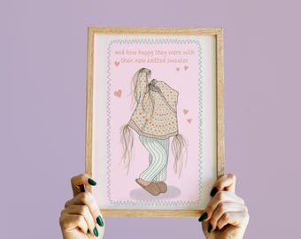 And How Happy They Were With Their New Knitted Sweater Poster, 12x16" (A3), 8x10" (A4), 5x7", 6x4", Illustrated Knitting Art Print
