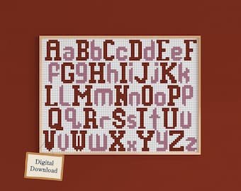 English Digital Alphabet Chart: Cross Stitch and Knitting Letters Grid in Upper and Lower Case for Crafters (PDF & PNG)