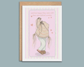 Knitted Greeting Card: Illustrated New Knitted Jumper, Whimsical 7x5" Birthday Card