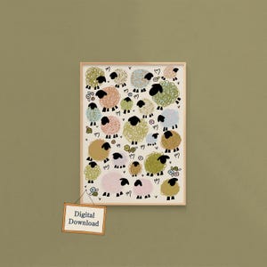 羊の牧草地2、編み物やかぎ針編みのための壁アート、クラフトルームの装飾（デジタルダウンロード）