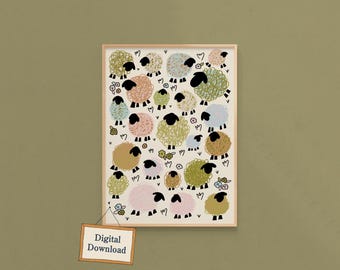 Pecore nel prato 2, decorazioni murali per magliai e uncinettatori, decorazioni per la stanza dei lavori manuali (download digitale)