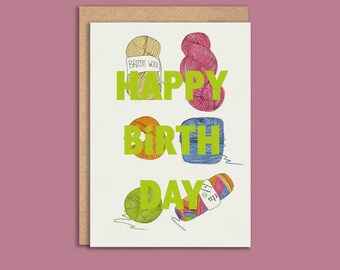 Illustrated Yarn Happy Birthday Card, Yarn Birthday Card, Colourful Yarn Card, Knitter Birthday Card, Crocheter Birthday Card, Blank Card