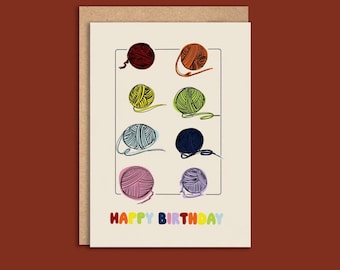 Rainbow Yarn Happy Birthday Card, 7x5", Knitting or Crochet Greeting Card