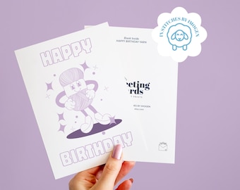 Retro Character Happy Birthday Card, Yarny Birthday Card, Retro Yarn Card, Knitter Birthday Card, Crocheter Birthday Card, Blank Card