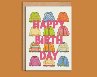 Illustrated Sweaters Happy Birthday Card, Birthday Card, Colourful Yarn Card, Knitter Birthday Card, Crocheter Birthday Card, Blank Card