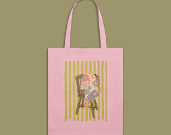 Crochet Granny Square Tote Bag Printed Illustration, Craft Storage, Eco-Friendly Cotton Bag,
