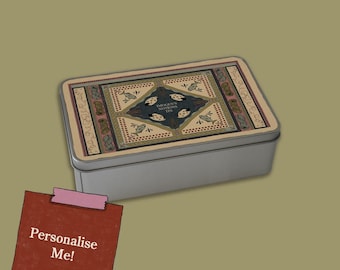 Personalised Vintage Style Metal Notions Tin, Large 5x7" Storage Box for Buttons & Sewing Supplies