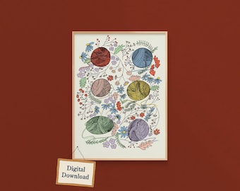 Bolas de lana y flores, arte mural para tejedores y crocheteros, decoración para salas de manualidades (descarga digital)