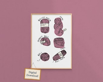 NUEVAS madejas de hilo ilustradas, arte mural para tejedores y crocheteros, decoración para el hogar (descarga digital)