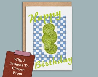 Checkered Yarn Happy Birthday Card, Yarn Birthday Card, Colourful Yarn Card, Knitter Birthday Card, Crocheter Birthday Card, Blank Card