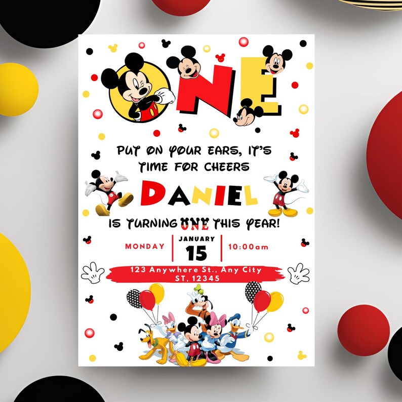 Mickey Mouse 1st Birthday Invitation Template | Printable Canva Design ...