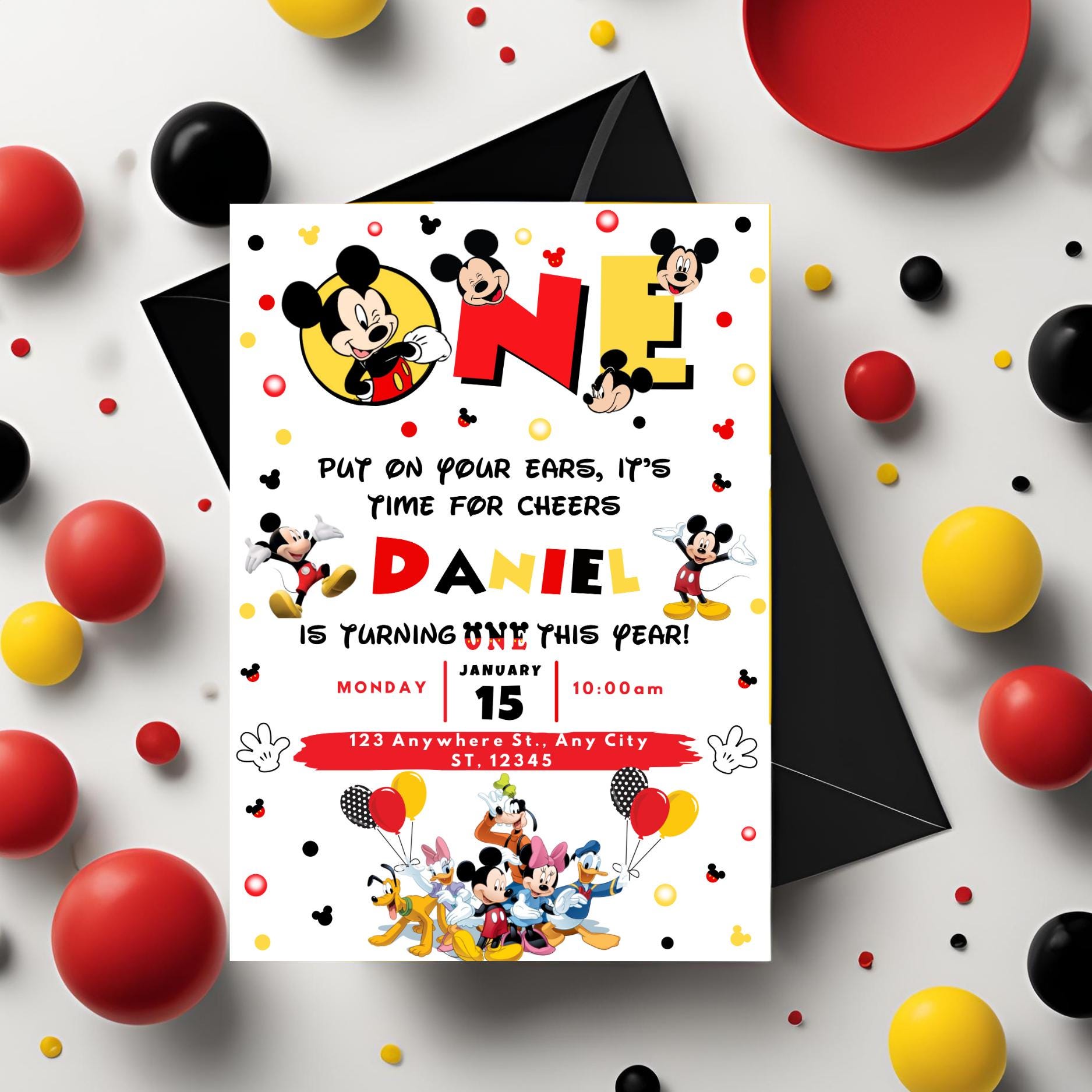 Mickey Mouse 1st Birthday Invitation Template | Printable Canva Design ...