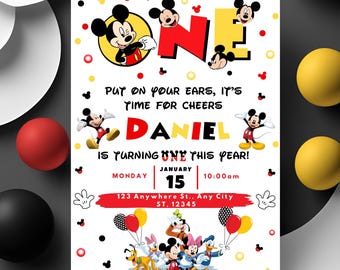 Mickey Mouse 1st Birthday Invitation Template | Printable Canva Design (Digital Download)