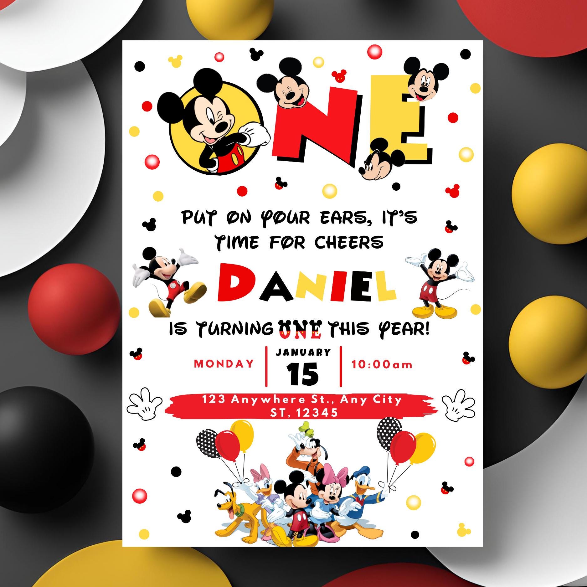 Mickey Mouse 1st Birthday Invitation Template | Printable Canva Design ...