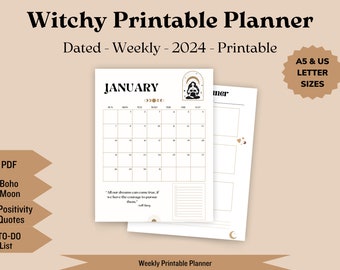 Witchy planner printable pages weekly printable planner boho moon planner printable 2024 planner weekly printable planner A5 weekly planner