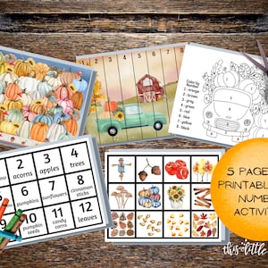 May include: Five printable autumn-themed number activities for children. The pages feature images of pumpkins, acorns, trees, sunflowers, and other autumn items. The activities include counting, matching, and colour by number.