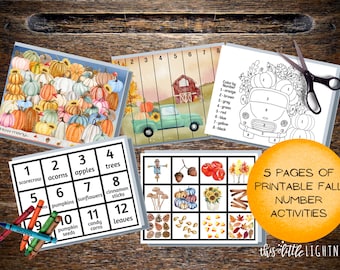 Preschool Fall Printables, Number Sequencing, Autumn Color by Number, Pre-K Activity, Search and Find, Memory Game, Digital Download