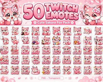 50 Sakura Fox Twitch Emotes Pack, Kawaii Pink Fox Emotes, Cherry Blossom Stream Emotes, VTuber PNG
