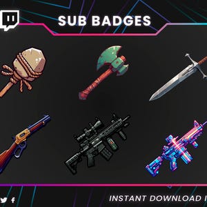 Vapenutvecklings-abonnemangsmärken för Twitch / Gamer Bit-märkespaket / FPS- och sci-fi-spelikoner / Streamer-märken för prenumeranter / Stream-överlägg