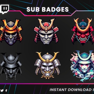 May include: A digital graphic featuring six stylized samurai helmet designs in various colors. The text "SUB BADGES" is at the top, and "INSTANT DOWNLOAD ITEMS" is at the bottom. The background is dark with a neon gradient.