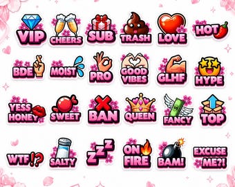 24 Twitch emotes, flower emotes, sakura emotes, text emotes, girl emotes, Kick emotes, Hi emote, Bye emote, GG emote, Hype emote, Ban emote