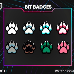 Pode incluir: Gráfico digital com oito designs de pegadas de patas em várias cores, incluindo branco, azul, rosa e verde. O texto "BIT BADGES" é exibido na parte superior, com "INSTANT DOWNLOAD" na parte inferior. O fundo é escuro com um gradiente colorido.