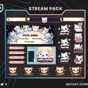 Könnte beinhalten: Ein pink-schwarzes Twitch-Stream-Paket mit niedlichen Comic-Katzen. Das Paket enthält ein Banner, Panels, Alarme und andere Elemente. Der Text "STREAM PACK" befindet sich oben im Bild. Der Text "INSTANT DOWNLOAD" befindet sich unten im Bild.