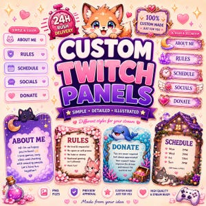 Op de afbeelding: Een digitale grafische set met aangepaste Twitch-panelen met een vossenmascotte, een roze en paars kleurenpalet en diverse decoratieve elementen. Bevat tekstlabels zoals About Me, Rules, Schedule, Socials en Donate met iconen en illustraties.