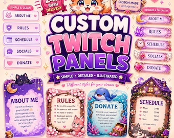 Custom Twitch Panels | Stream Profile Panels | Standard & Premium Panel Designs | About Me Rules Schedule Donate