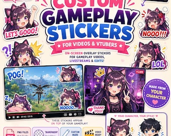 Custom Gameplay Stickers for YouTube Videos | Vtuber & Character PNG Stickers | Anime Chibi Video Overlay Stickers
