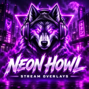 May include: A digital graphic featuring a wolf wearing headphones, illuminated by vibrant purple neon light. The text NEON HOWL STREAM OVERLAYS is displayed in a stylized font at the bottom, set against a dark, futuristic city background.