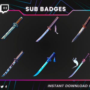 Op de afbeelding: Zes digitale illustraties van katana-zwaarden met verschillende ontwerpen. De afbeelding bevat de tekst "SUB BADGES" en "INSTANT DOWNLOAD ITEMS". De achtergrond is donker met een levendige, veelkleurige rand.